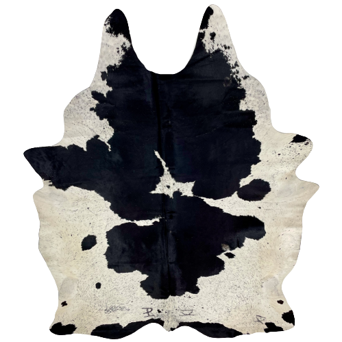 Large Black and White Speckled Brazilian Cowhide, 3 brand marks:  white with black speckles and large, black spots, and three brand marks near the lower edge, one on the left side and two on the right - 7'9" x 5'10" (BRSP1675)