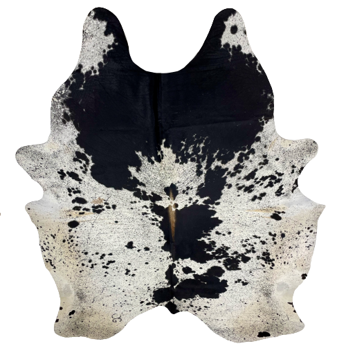 XL Black and White Speckled Brazilian Cowhide, 1 brand mark:  white with black speckles and spots, a large black spot across the shoulder, and a few others down the middle, brown on part of the spine, cream with black speckles on the belly, and one brand mark near the left, hind shank - 8'4" x 6'7" (BRSP1678)