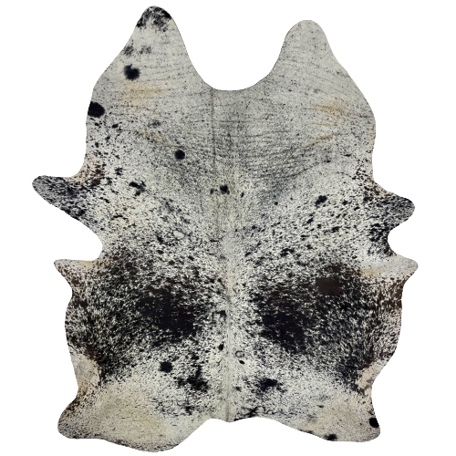 XL Off-White and Black Brazilian Speckled Cowhide, 5 brand marks:  white with black speckles and spots, three brand mark in the middle of the hide, along the spine, one on the lower left side, and another on the right side, along the lower edge - 8'1" x 5'11" (BRSP1695)
