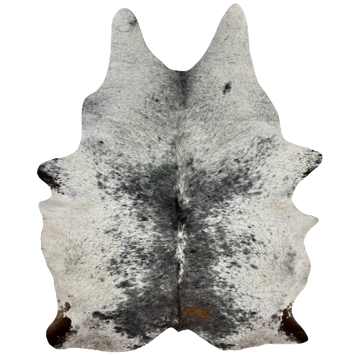 XXL Black and White Speckled Brazilian Cowhide:  white with black speckles and spots, and it has one brown spot on the right side, near the lower edge - 8'6" x 6' (BRSP1754)