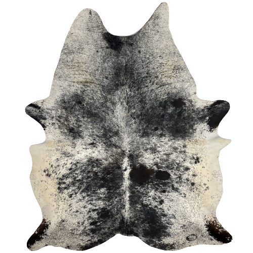 XL Black and White Speckled Brazilian Cowhide, 1 brand mark:  white with black speckles and spots, off-white on the belly, and one brand mark near the right, hind shank - 8' x 5'8" (BRSP1768)