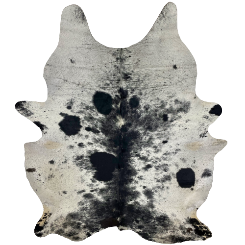 XXL Black and White Speckled Brazilian Cowhide, 2 brand marks:  white with black speckles and spots, off-white on part of the hind shanks, and two brand marks on the right side, near the lower edge - 8'5" x 6'4" (BRSP1770)