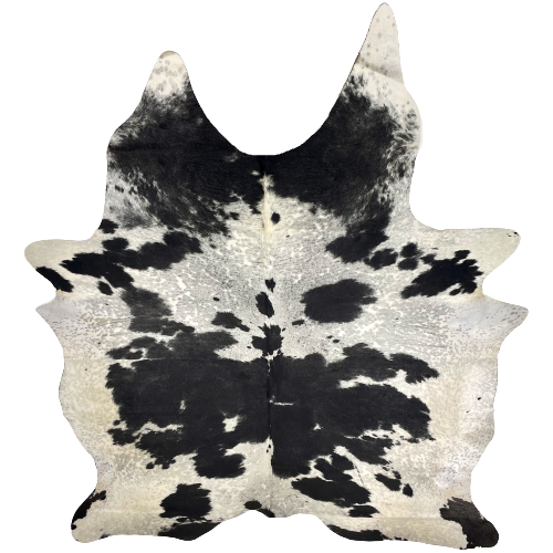 XL Black and White Cloudy Speckled Brazilian Cowhide:  white with black spots and speckles, faint, cloudy spots, and off-white on the belly and shanks, two brand marks in the middle, along the lower edge - 8' x 6'6" (BRSP1827)