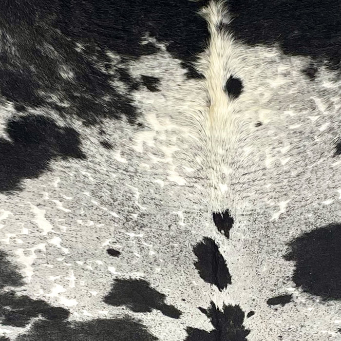 Closeup of this XL, Black and White, Cloudy, Speckled, Brazilian Cowhide, showing white with black spots and speckles, and faint, cloudy spots (BRSP1827)