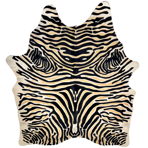 Multicolored Zebra Print on Large Off-White Brazilian Cowhide: stenciled with a black and yellow zebra print  - 7'10" x 6' (BRZP029)