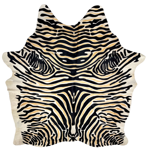 Large Off-White Brazilian Cowhide w/ Multicolored Zebra Print: stenciled with a black and yellow zebra print  - 7'10" x 6'3" (BRZP030)