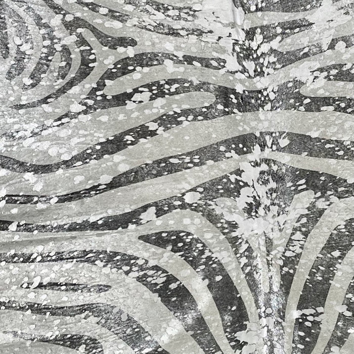 Closeup of this XL, Off-White, Brazilian Cowhide, showing a Black, Zebra Print, with a Silver Acid Wash (BRZPAW033)