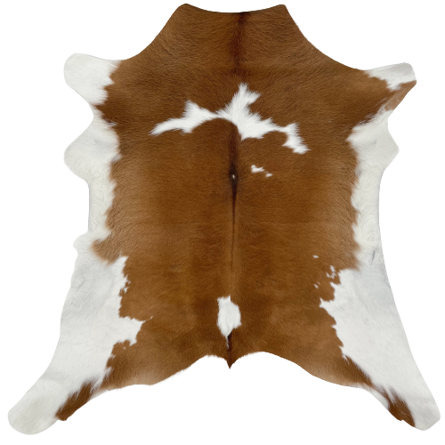 Brown and White Calfskin: mostly brown with a white strip below the shoulder and a small white spot in the middle, near the lower edge, and white on the belly - 2'11" x 2'9" (CALF530)