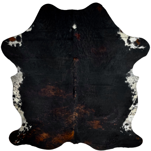 Large Colombian Dark Brindle Cowhide:  black with a little red brown, and white with black spots and speckles on the belly and shanks - 7'10" x 6'3" (COBR964)