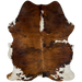 Colombian Tricolor Cowhide:  has a brown and black, brindle pattern covering most of the hide, with off-white in the middle of the shoulder, a few smaller, white spots, and off-white on part of the belly and shanks - 6'5" x 4'8" (COTR751)