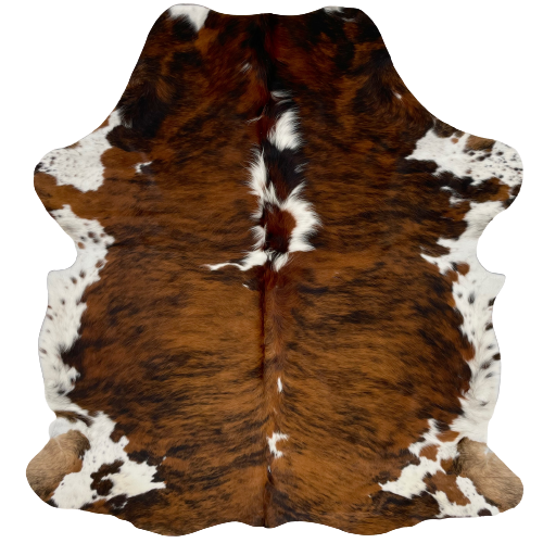 Colombian Tricolor Cowhide:  has a brown and black, brindle pattern, with white spots in the middle, and white with brown spots and speckles on the shanks and belly - 6' x 4'11" (COTR777)