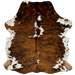 Colombian Tricolor Cowhide:  has a brown and black, brindle pattern, with white spots in the middle, and white with brown spots and speckles on the shanks and belly - 6' x 4'11" (COTR777)