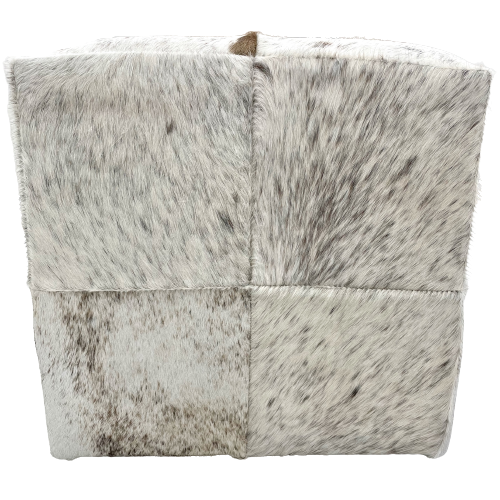 Side View #2: Cowhide Cube - Speckled; white with brown speckles, and white with black speckles - 17" x 17" x 17" (CUBE072)