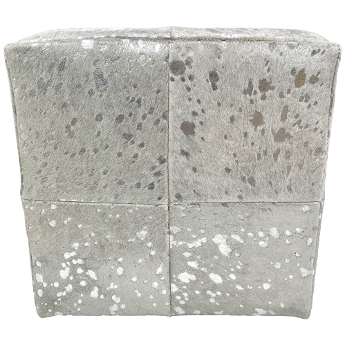 Side View #2: Cowhide Cube - Silver Metallic Acid Wash on White Cowhide - 17" x 17" x 17" (CUBE077)