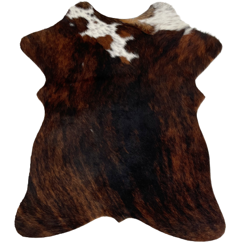 Dark Brindle Mini Cowhide:   black and brown, and has a touch of white with black speckles, and brown and black spots, on the shoulder of the hide - 2'8" x 2'3" (MINI127)