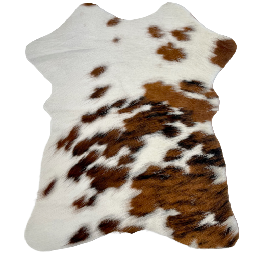 Tricolor Mini Cowhide:  white with spots that are brown with streaks of black - 2'8" x 2'3" (MINI171)