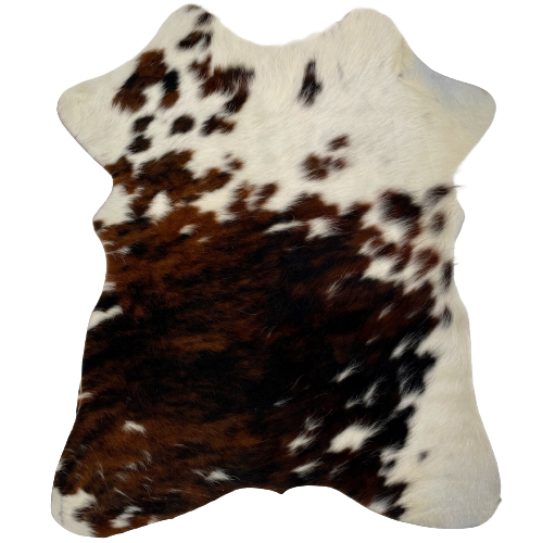 Tricolor Mini Cowhide:  off-white, with one large spot and several small spots that have a mix of black and brown - 2'8" x 2'3" (MINI183)