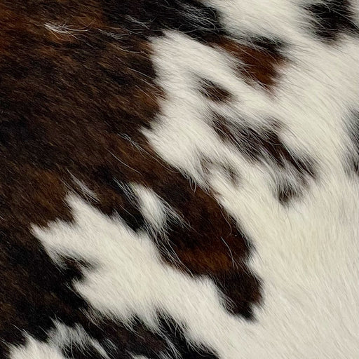 Closeup of this Tricolor Mini Cowhide, showing a black and brown, brindle pattern, and off-white with spots that have a mix of black and brown (MINI190)