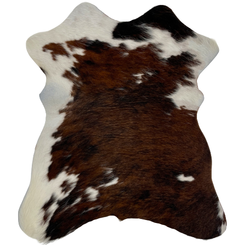 Tricolor Mini Cowhide:  has a brown and black, brindle pattern, with a few slashes of white, and off-white along some of the edges - 2'8" x 2'3" (MINI191)