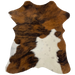 Tricolor Mini Cowhide:  has a brown and black, brindle pattern covering most of the hide, with a large white spot, that has a few faint, black speckles, on the lower, right side - 2'8" x 2'3" (MINI193)