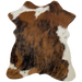 Tricolor Mini Cowhide:  has a mix of brown and black, with a white spot across the left side of the shoulder, another down the right side edge, and two smaller white spots on the left hind shank - 2'8" x 2'3" (MINI210)
