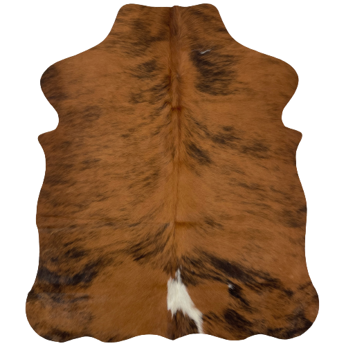 XS Brown and Black Brindle Cowhide:  brown with black, brindle markings, and one white spot in the middle, near the lower edge - 4'5" x 3'5" (XS166)