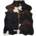 XS Tricolor Cowhide:  has a mix of black and dark brown, with a few white spots, and lighter brown down the spine - 4'6" x 3'5" (XS180)