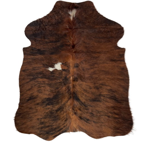 XS Brown and Black Brindle Cowhide:  brown and black, with a small white spot on the left side and another in the middle of the shoulder - 4'6" x 3'5" (XS184)
