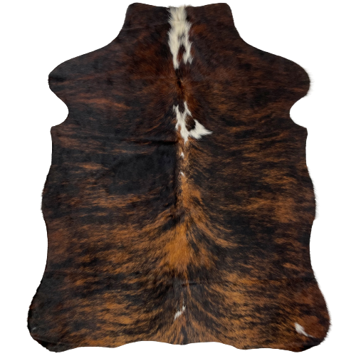 XS Black and Brown Brindle Cowhide:  black and brown, with a few white spots down the middle, and a small one on the right, hind shank - 4'6" x 3'5" (XS198)